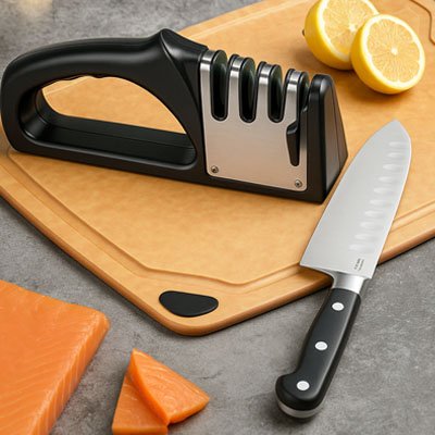 affuteur de couteaux sur planche cuisine