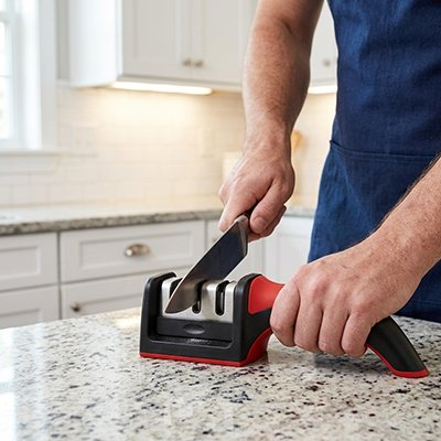 Aiguiseur à couteaux professionnel utilisé sur comptoir granit