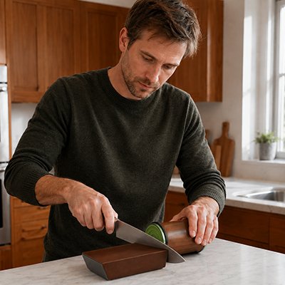 Aiguiseur couteau japonais entre mains masculines
