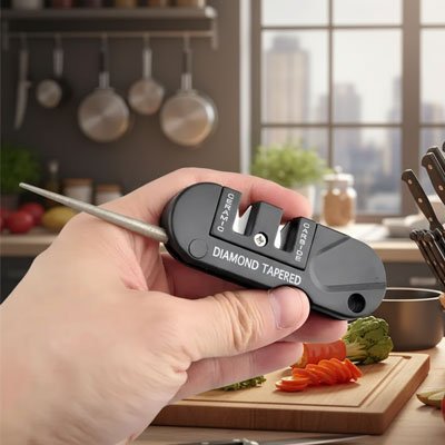 aiguiseur couteau tenu en main pour affuter un couteau de cuisine