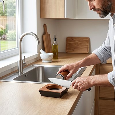 Aiguiseur de couteaux professionnel sur plan de cuisine