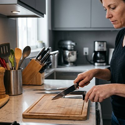 Artisan avec aiguiseur couteau pierre