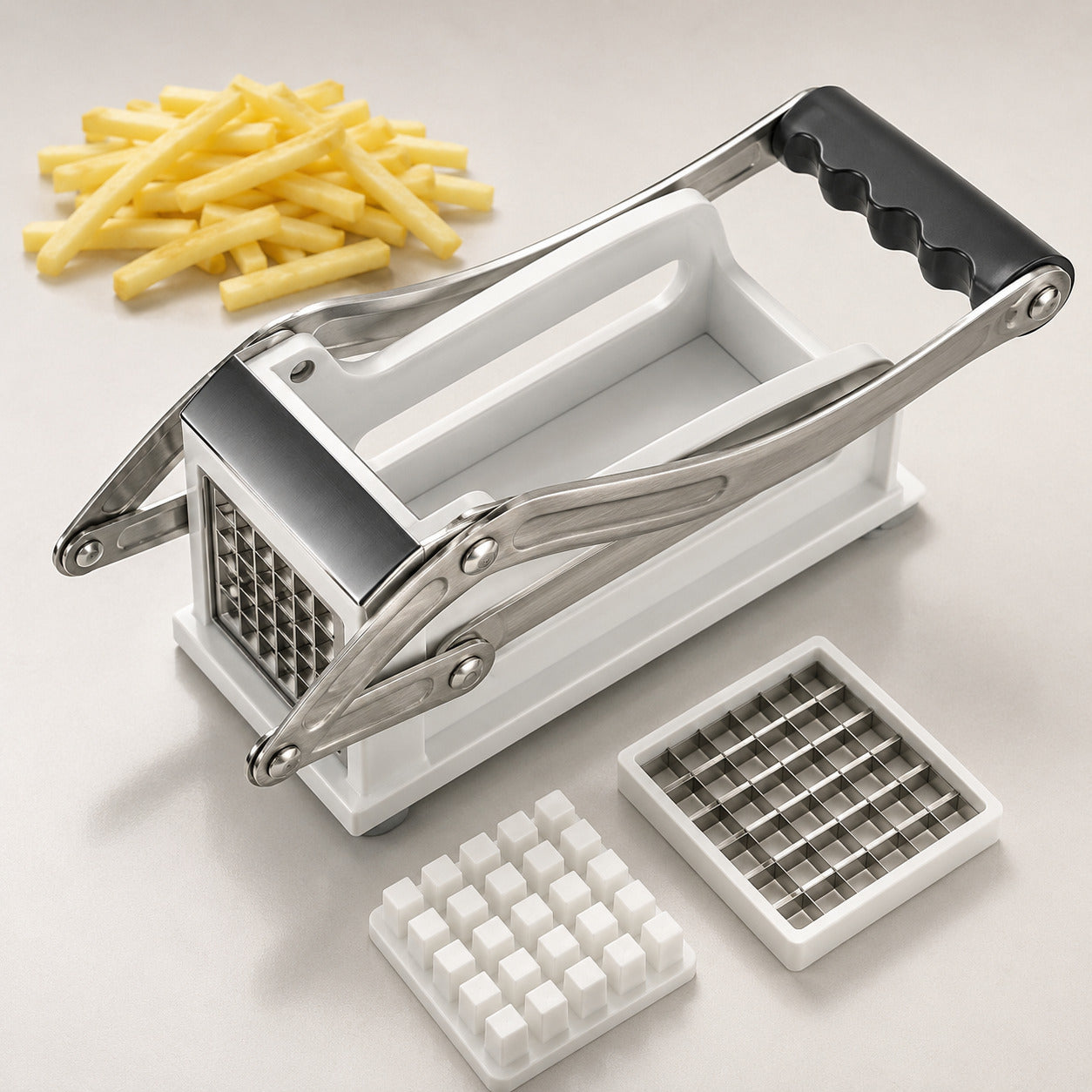 Coupe frite en inox avec accessoires blancs