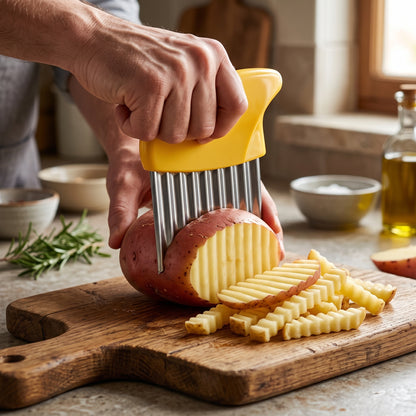 Coupe frites allumettes jaune avec frites ondulées