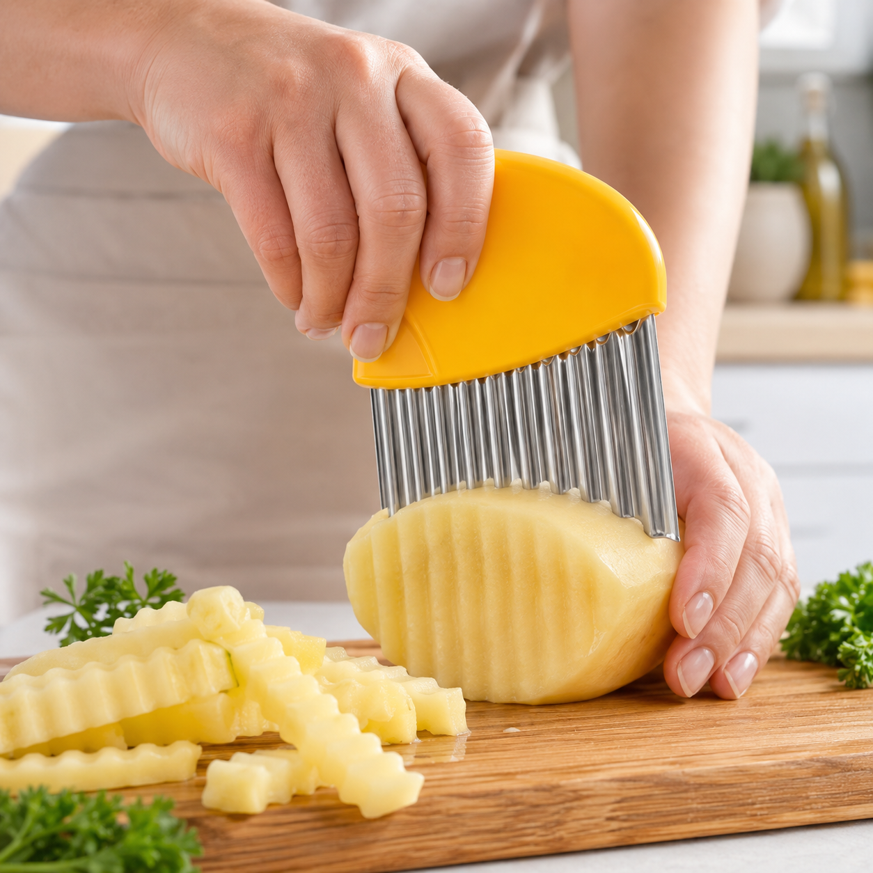 Coupe frites allumettes jaune avec pomme de terre