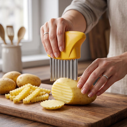 Coupe frites allumettes jaune sur planche en bois