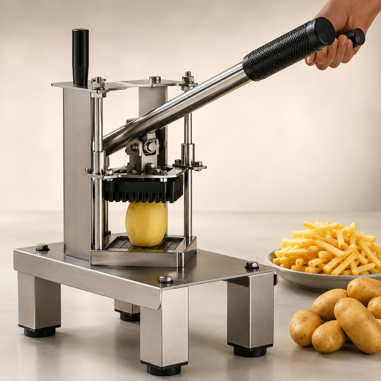 Coupe frites professionnelles en acier avec frites