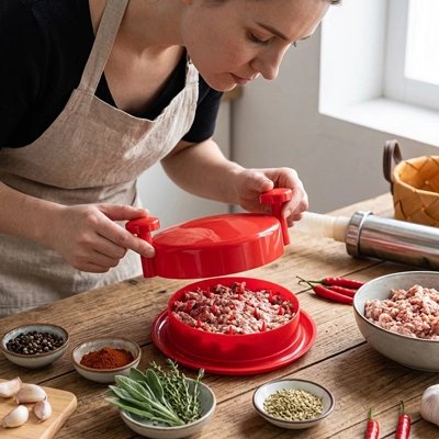 Cuisine familiale avec hachoir viande manuel rouge