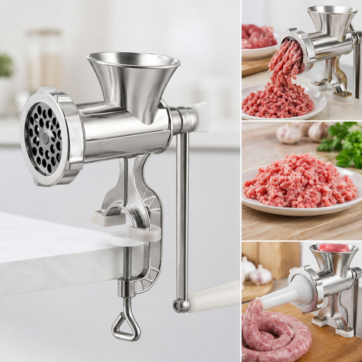 Cuisine traditionnelle avec hachoir à viande manuel en inox
