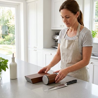 Femme avec aiguiseur couteau japonais en cuisine