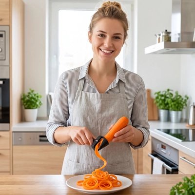 Femme avec coupe légume spirale en cuisine
