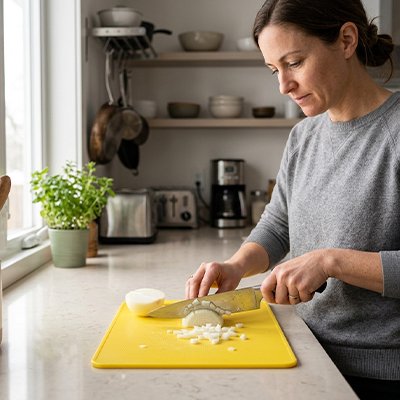 femme qui coupe oignons sur planche à découper plastique