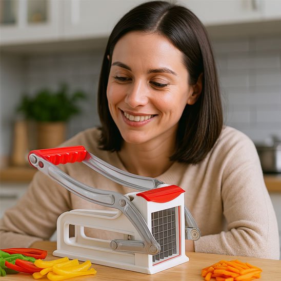 Femme utilisant coupe frite inox en cuisine