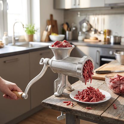 Hachoir à viande manuel en fonte en utilisation