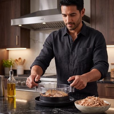 Hachoir à viande manuel utiliser par homme avec chemise noir