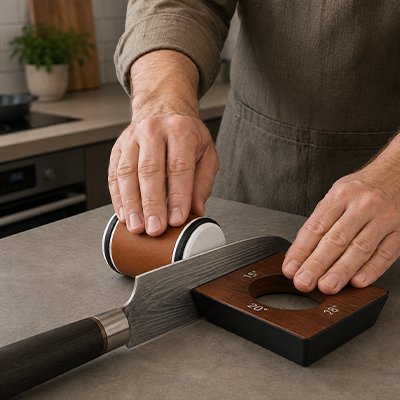 Lame de cuisine dans aiguiseur de couteaux professionnel