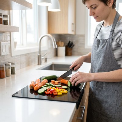 Légumes frais découpés sur planche à découper pour plan de travail