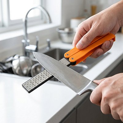 Main utilisant aiguiseur à couteau professionnel orange