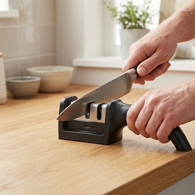 Mains sur aiguiseur à couteaux professionnel noir