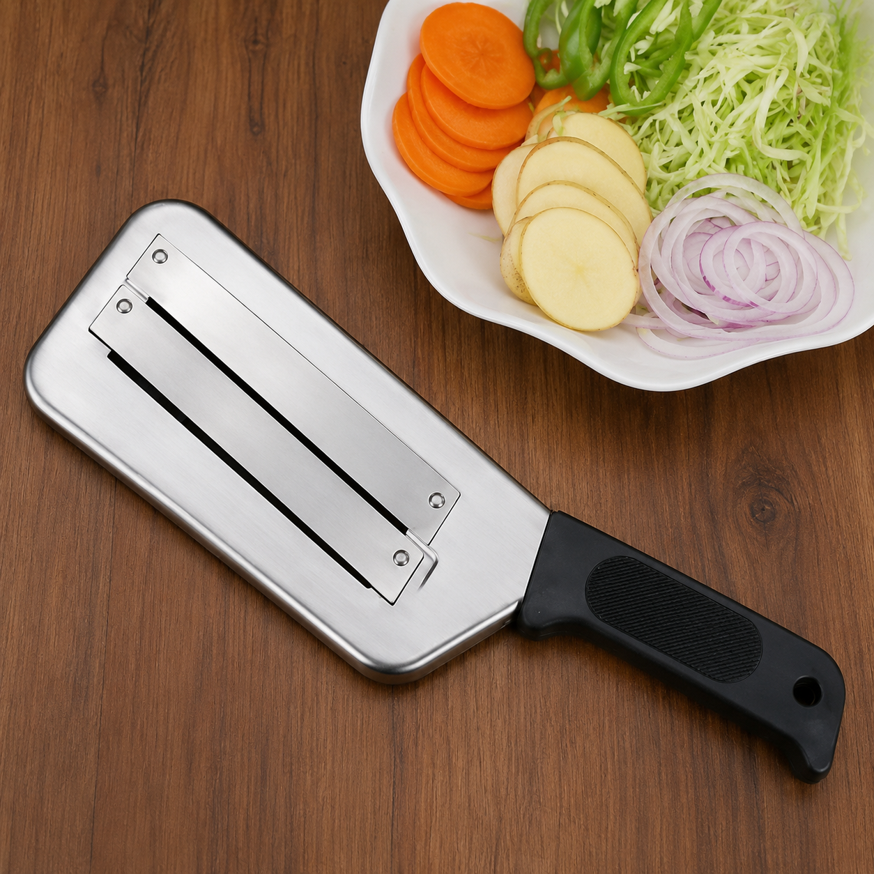 mandoline en inox avec legumes frais