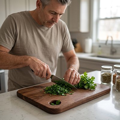 petite planche à découper bois avec légumes