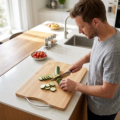 planche à découper en bambou avec légumes