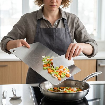 planche à découper en inox avec légumes