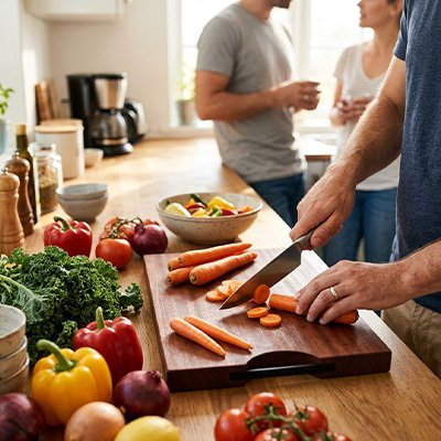 planche à découper professionnelle en bois avec légumes