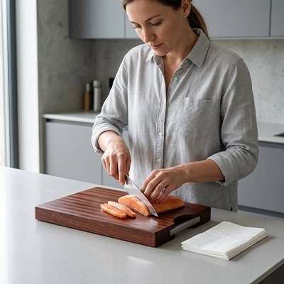 planche à découper professionnelle en bois avec viande