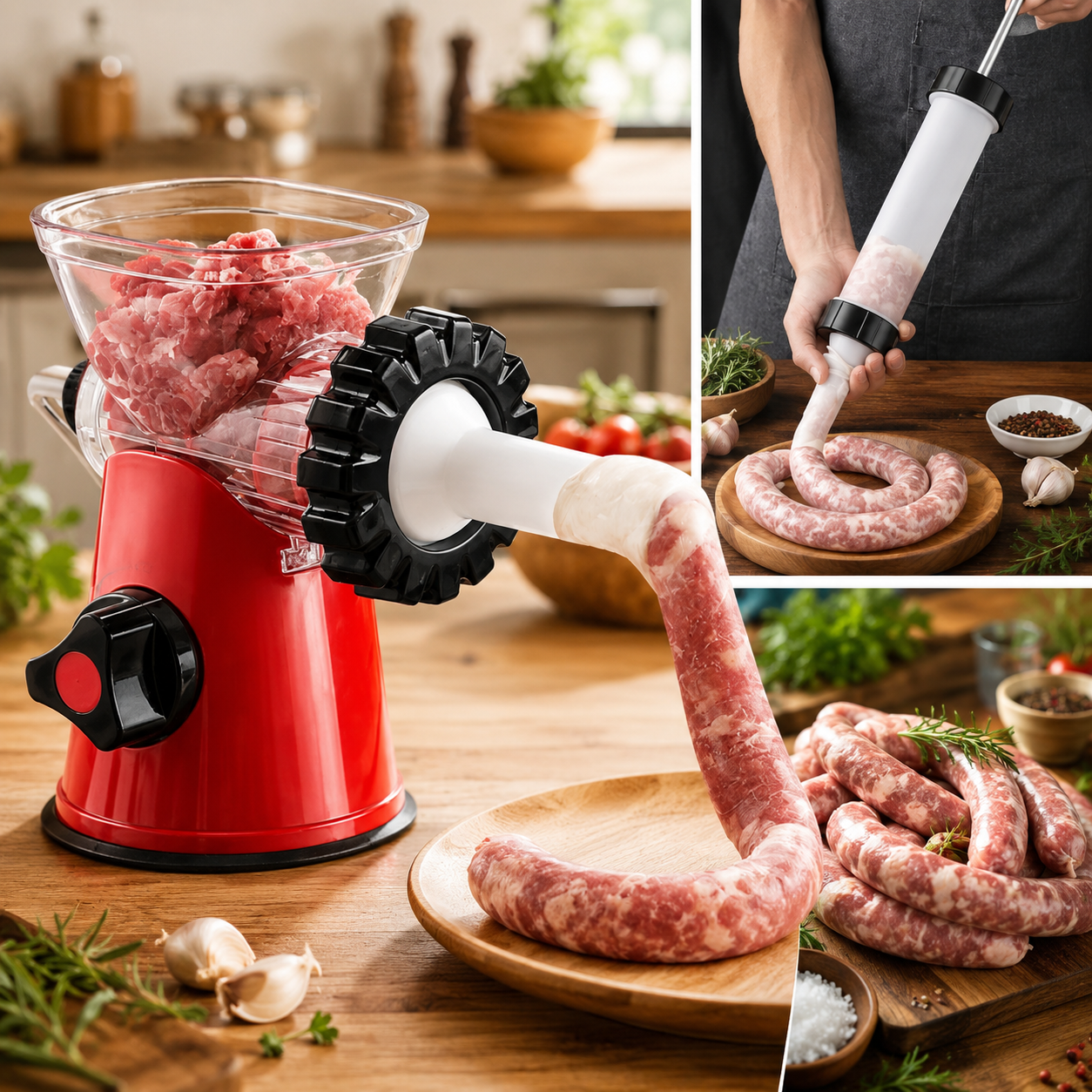 Préparation de saucisses au hachoir manuel à viande