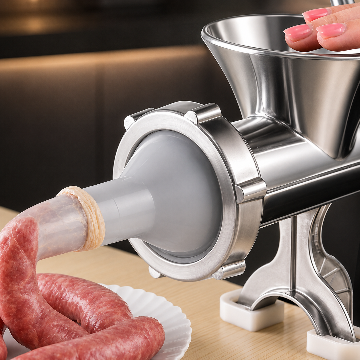 Saucisses maison au hachoir à viande manuel inox