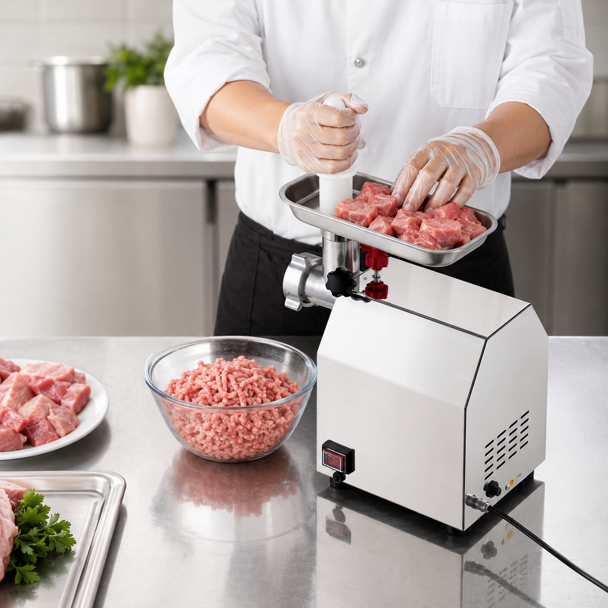 Viande fraîche avec hachoir à viande professionnel